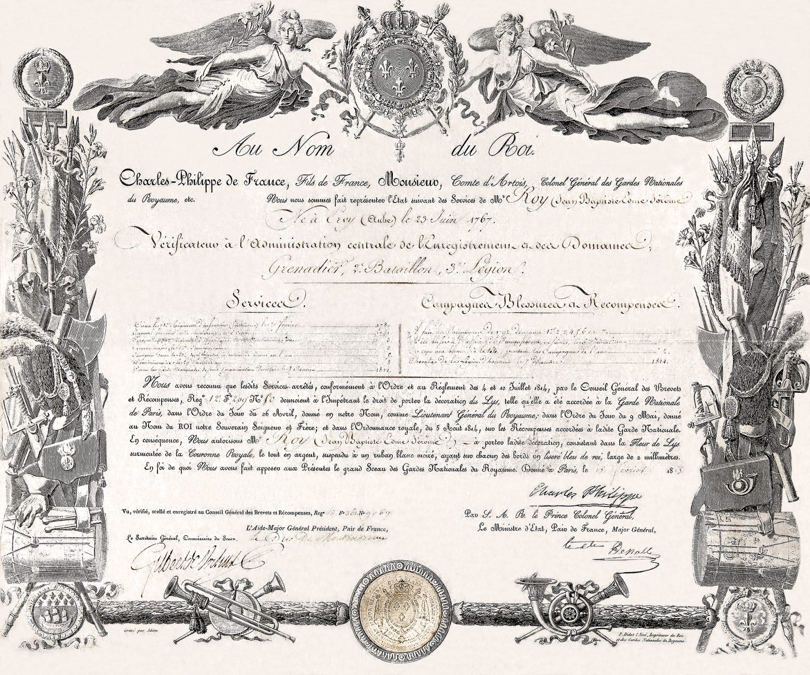 Document ancien décoré d'illustrations, présentant un acte officiel avec des signatures.