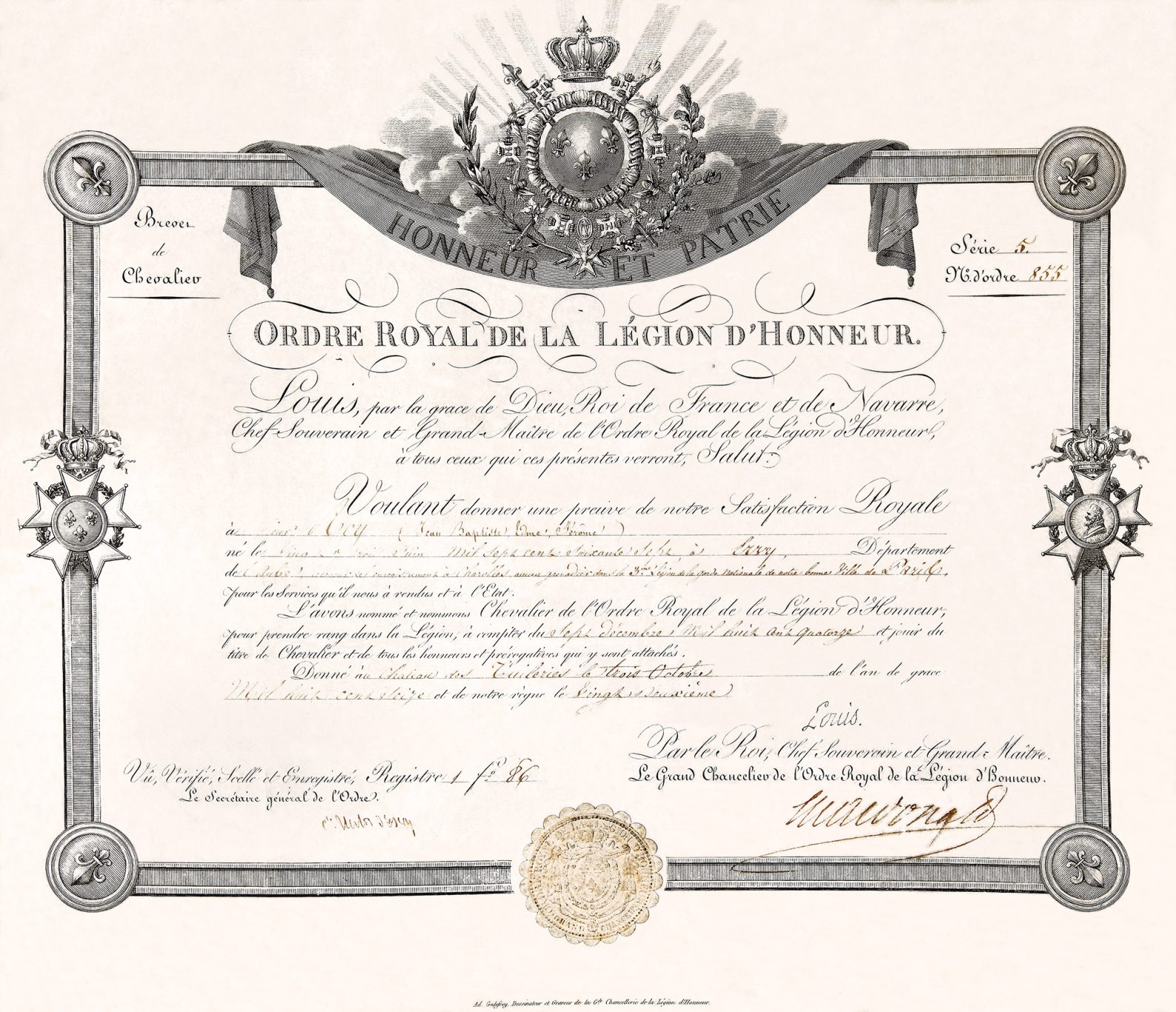 Certificat de l'Ordre Royal de la Légion d'Honneur, décoré de motifs ornés et d'un sceau.