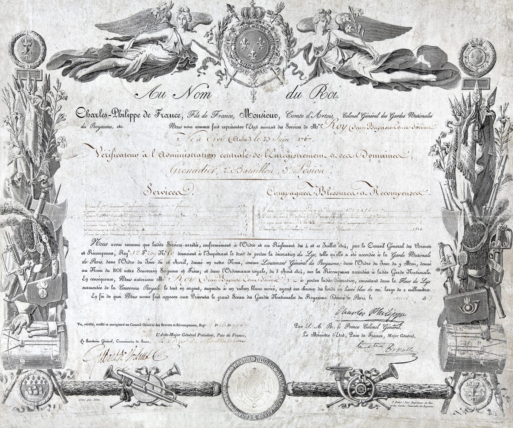 Document ancien décoré d'illustrations, présentant un acte officiel avec des signatures.