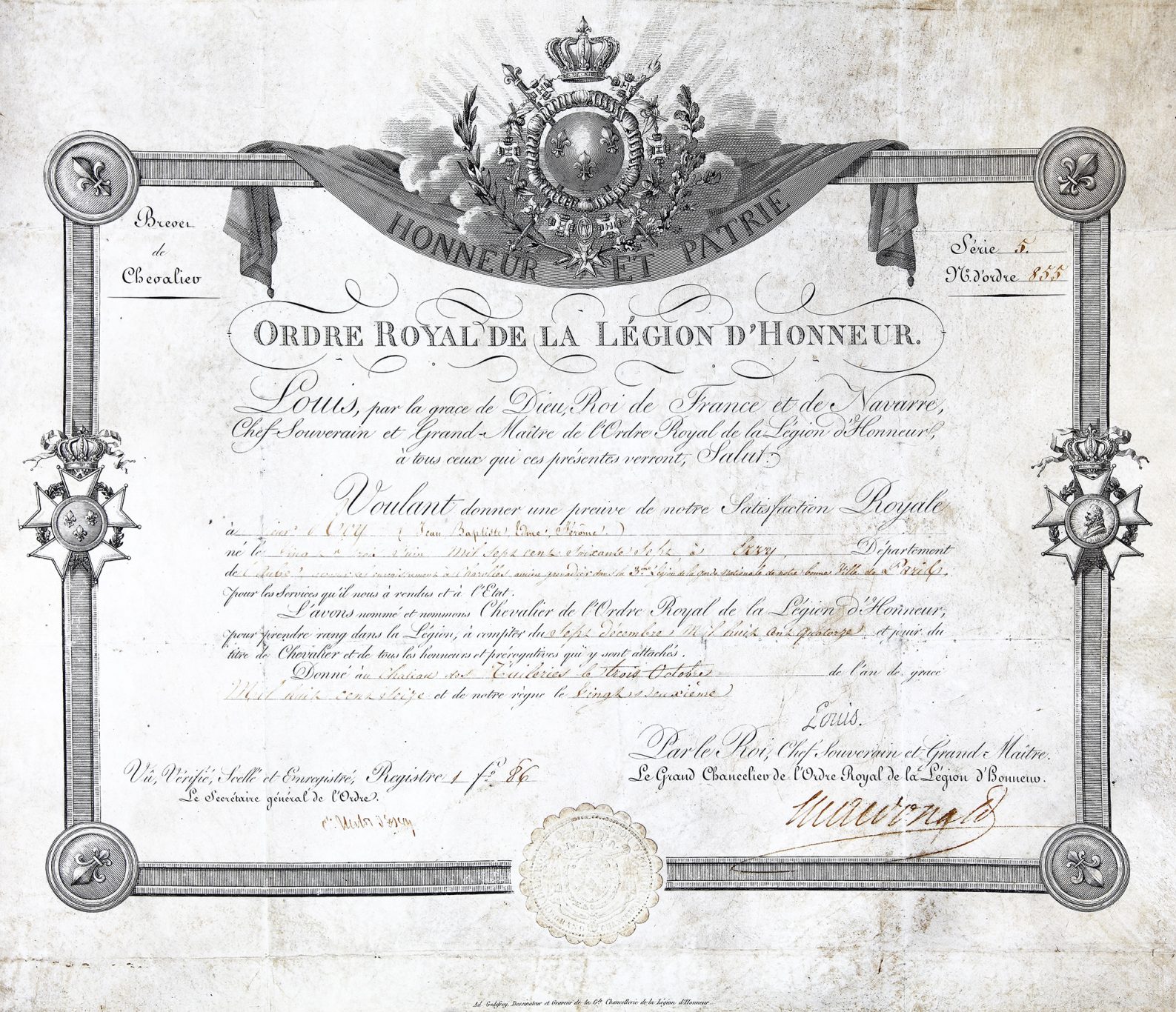 Certificat avec des décorations et un texte officiel, datant de l'Ordre de la Légion d'Honneur.